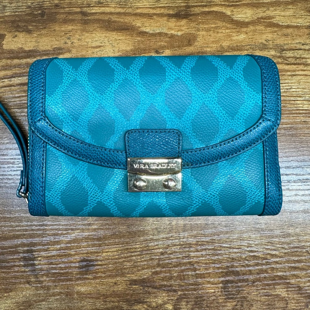 Vera Bradley Teal Diamond Pattern Faux Leather Zip Around Wristlet Wallet Clutch